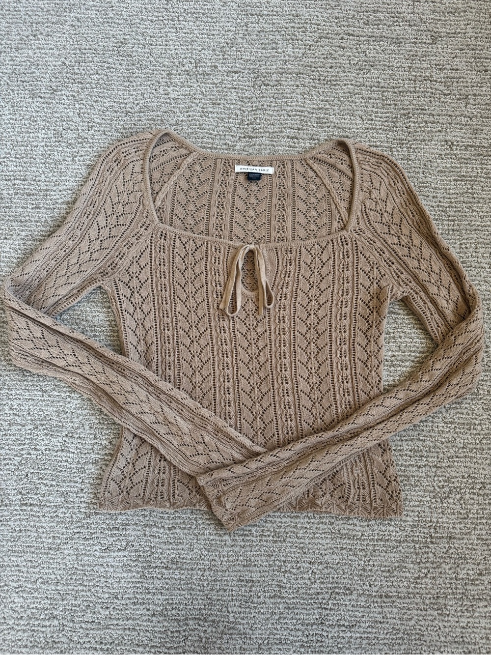 American Eagle Outfitters Beige Open-Knit Scoop Neck Tie-Front Sweater